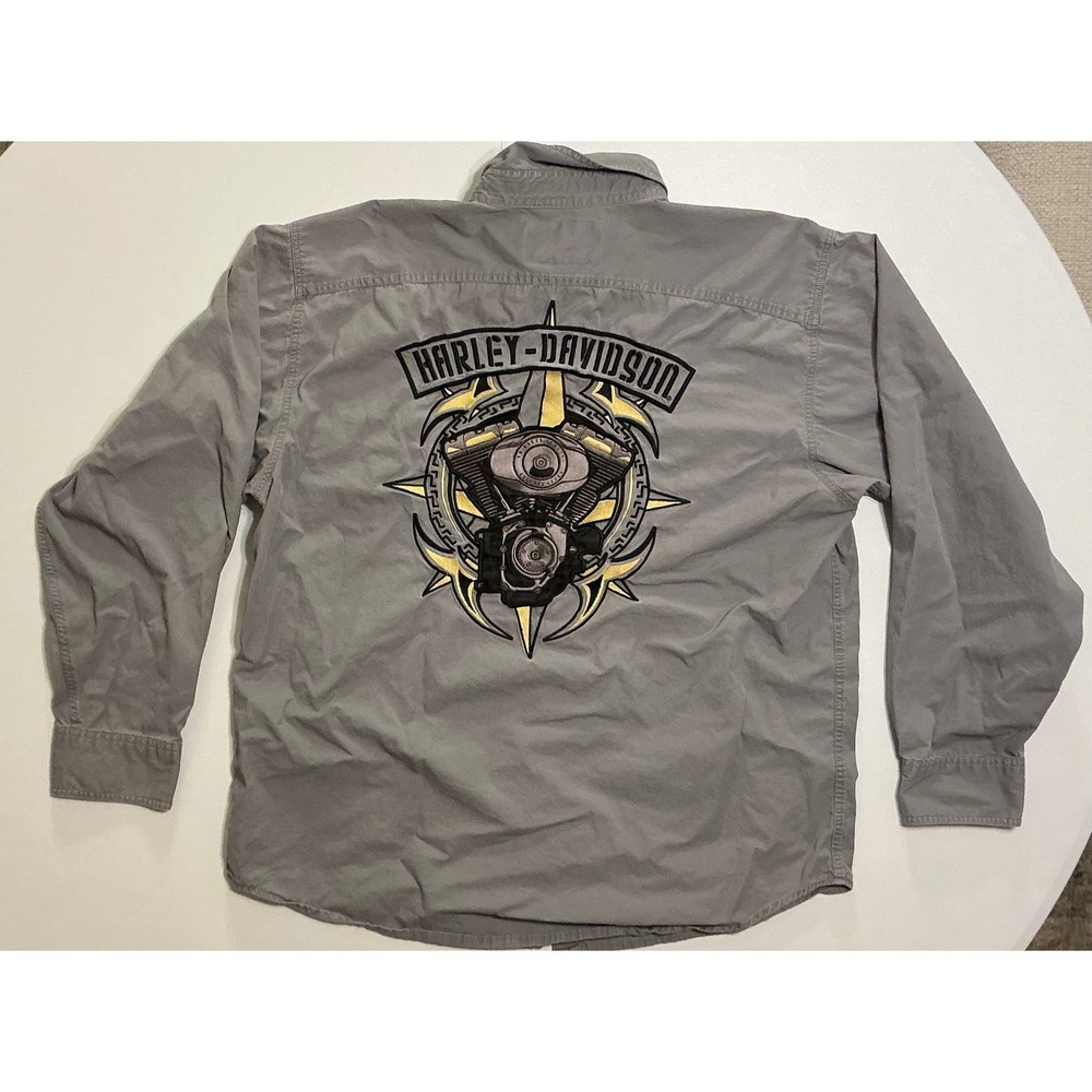Y2K Harley Davidson Grunge Gray Long‎ Sleeve Button Up Shirt V-Twin Engine XL